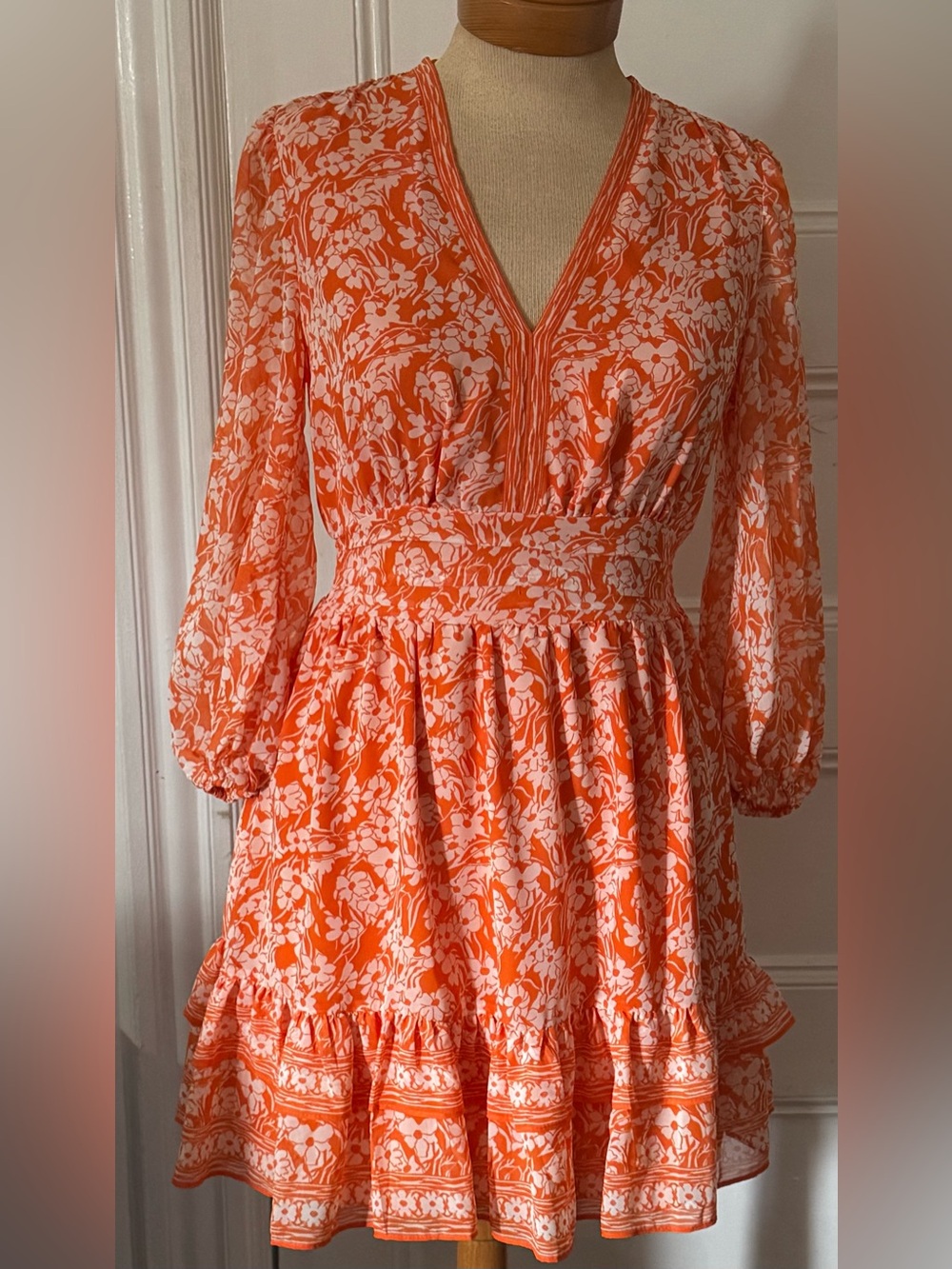 Max Studio Orange and White Floral V-Neck Tiered Mini Dress